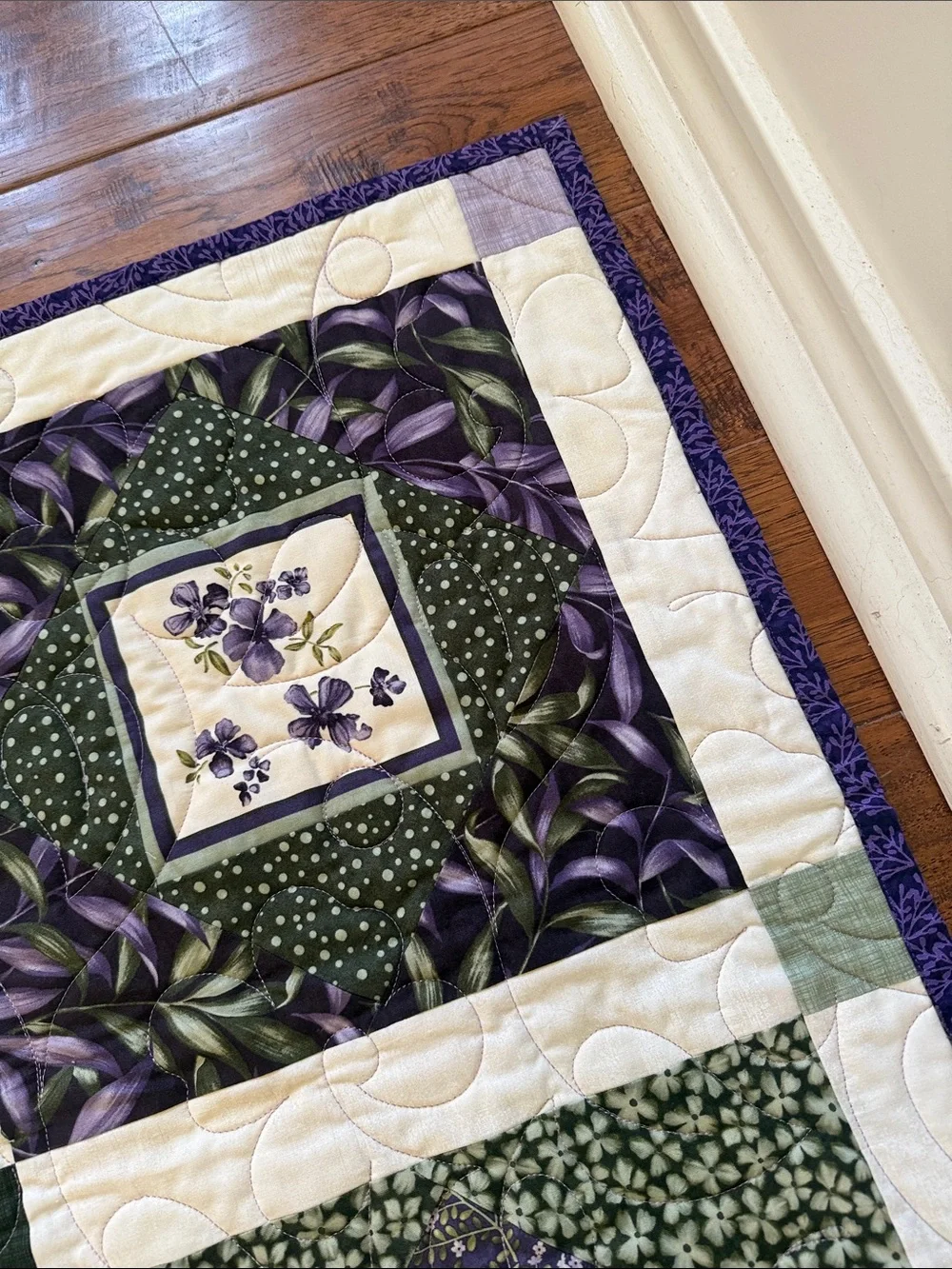 New Handcrafted Floral Patchwork Quilt in Purple & Green